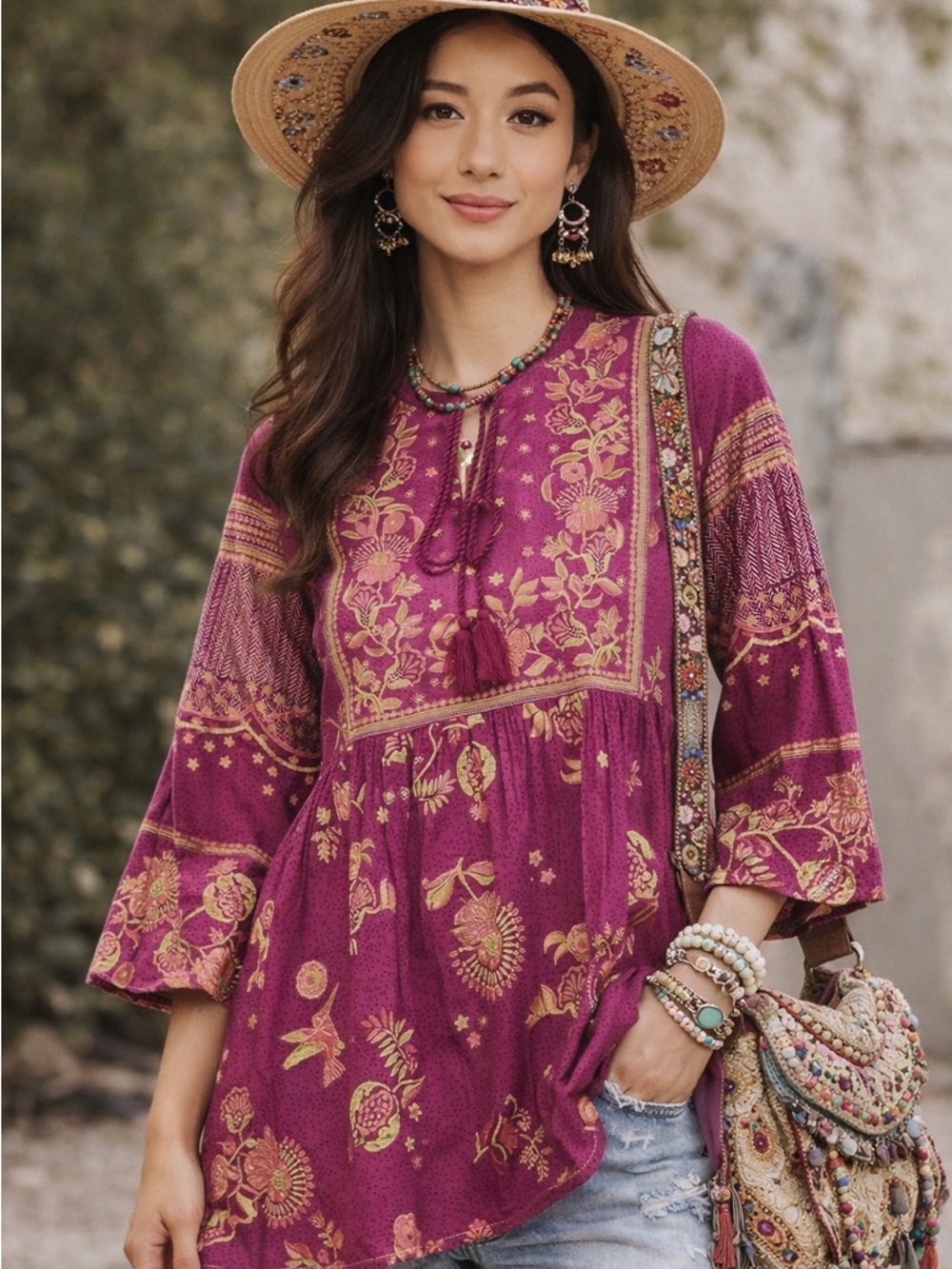 Max Boho Kantha-Inspired Print Tunic/Dress ‎ | Tassel Tie |  Size Large